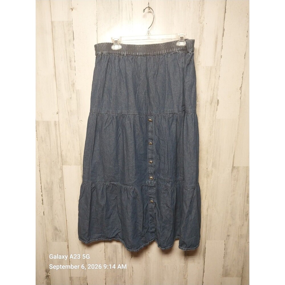 Vtg Crazy Cowgirl Tiered Maxi Skirt Women Large Denim Jean Ruffle Western Boho